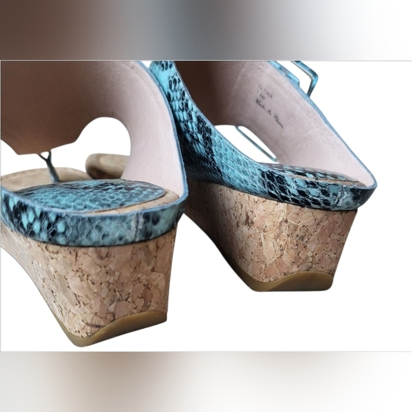 Donald J Pliner OLTINA Pearlized Teal Python Water Cork Wedge Sandal Size 7.5 - Picture 3 of 8